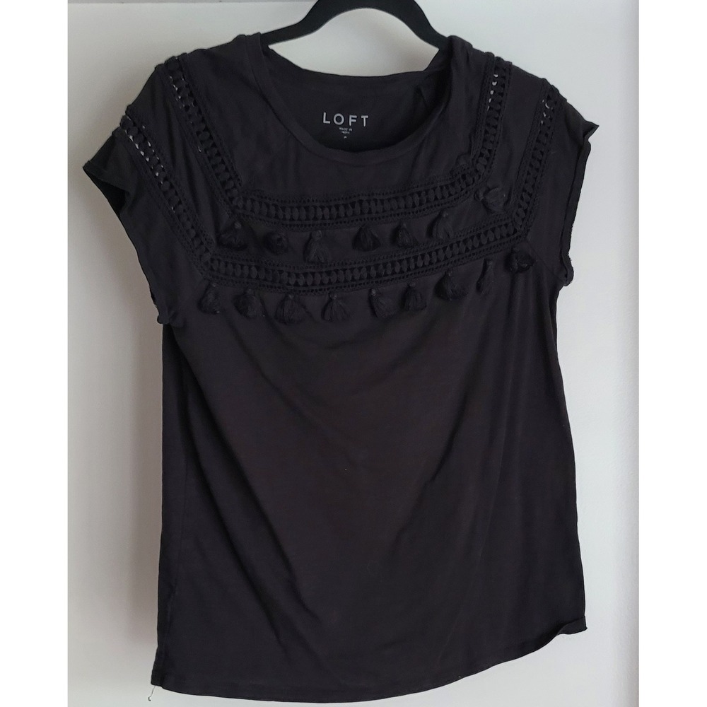 LOFT S Black Cotton T-Shirt Short Sleeve Round Neck Tee Top Boho Lace Tassel